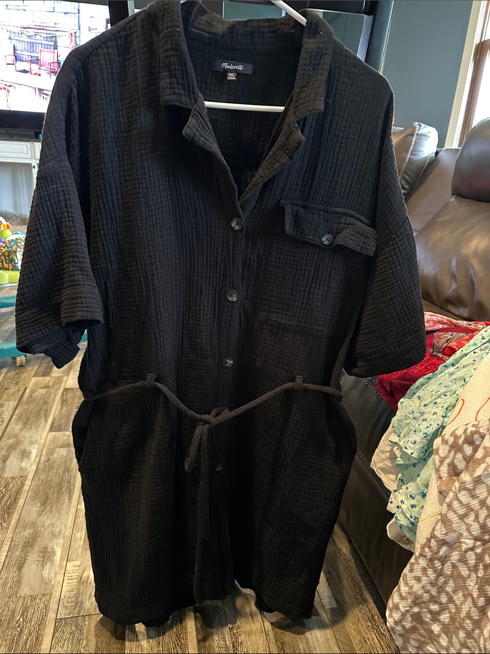 Madewell Black Textured Button-Front Jumpsuit Romper